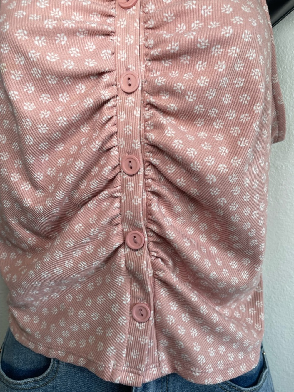 Skönhet Pink Floral Ribbed Ruched Button Front Tank Top Size Large - Picture 7 of 9